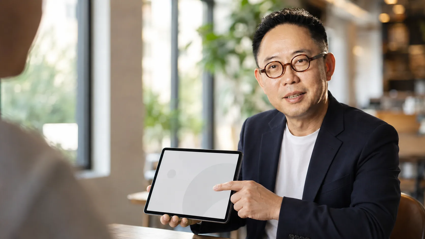 태블릿 화면을 보여주며 설명하는 모습